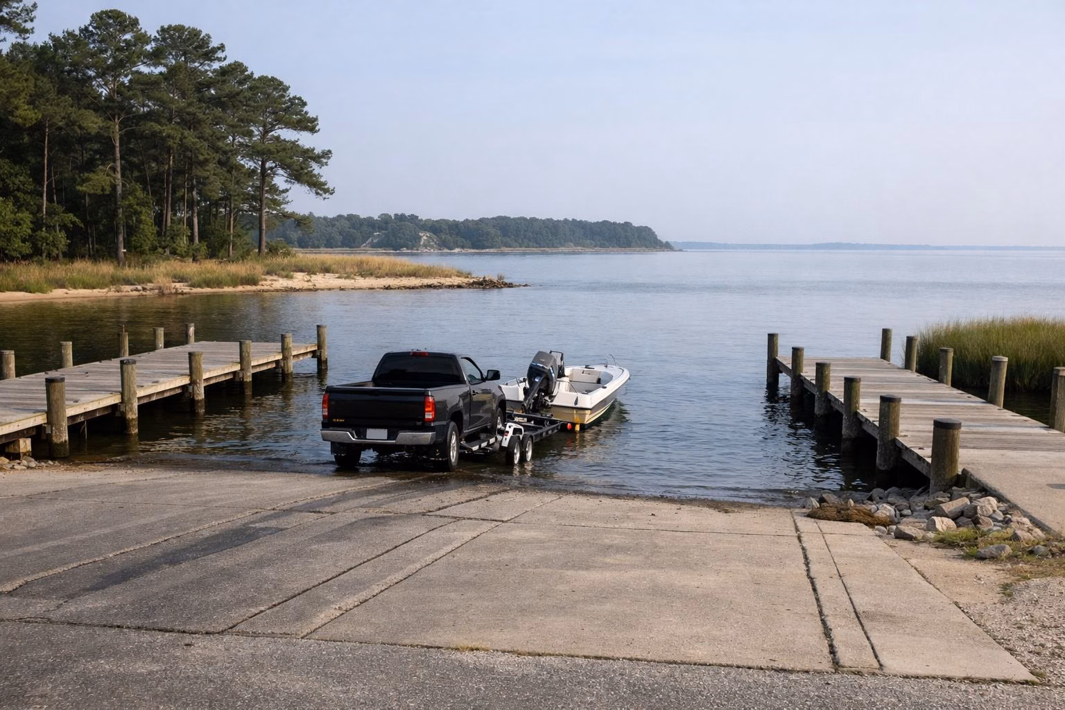 A wide concrete boat launch ramp with several lanes into a calm sheltered pond, a pickup backing a trailer with a small motorboat, short wooden finger piers