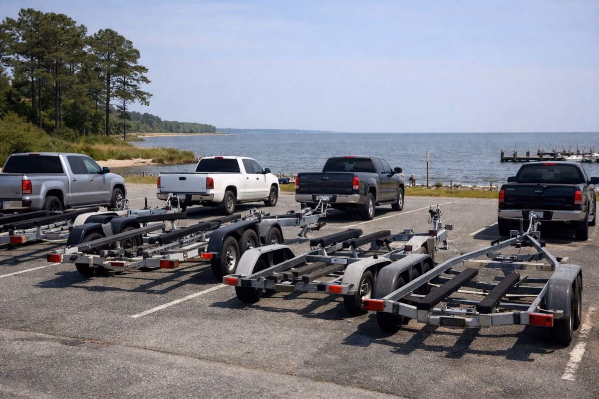 Rows of empty boat trailers hitched to trucks in a large marina parking lot