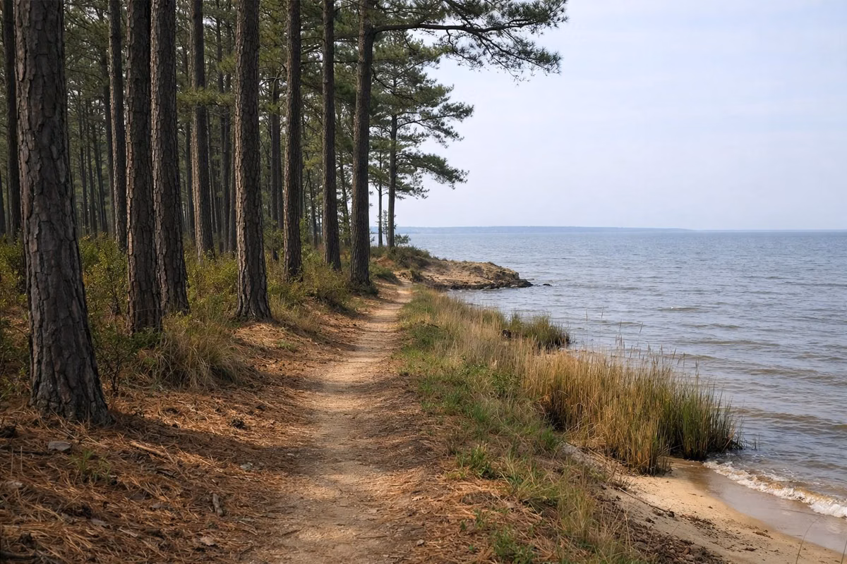 A narrow dirt footpath through an old planted pine forest with straight trunks and pine needles on the ground