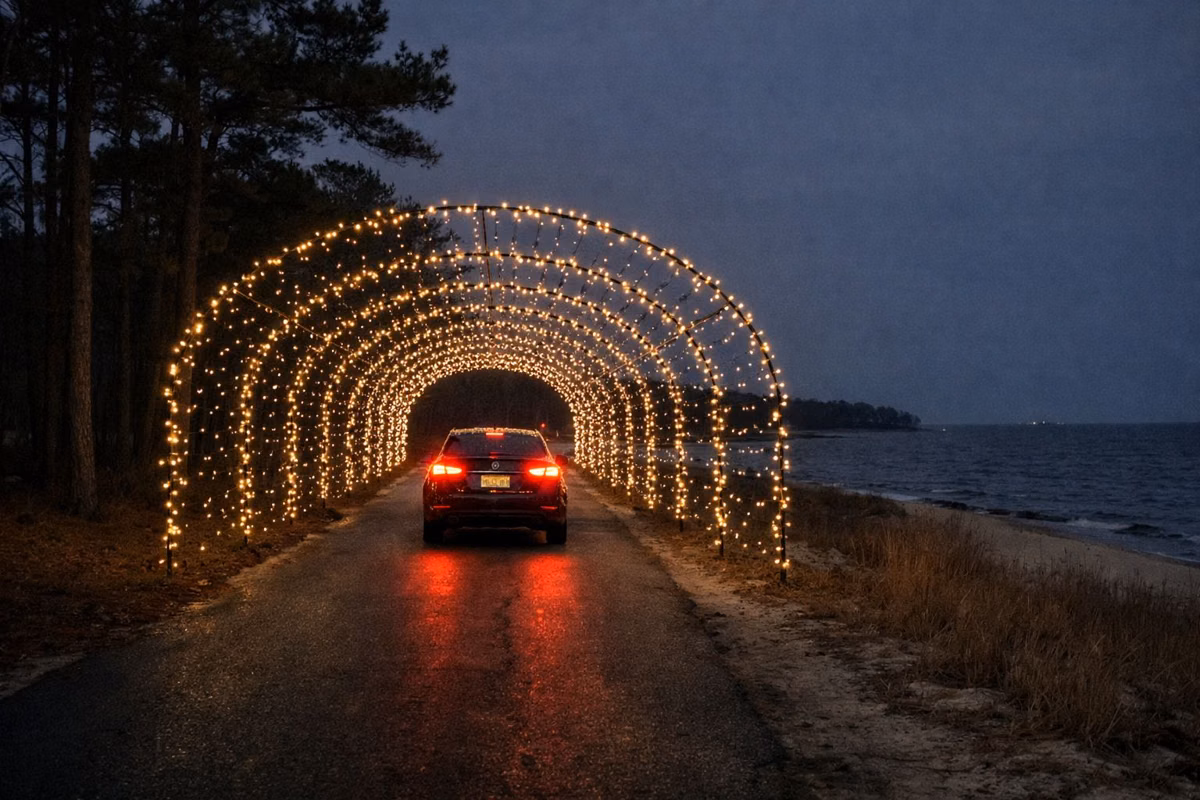A tunnel of warm white holiday lights arching over a park road at night, a car's taillights ahead
