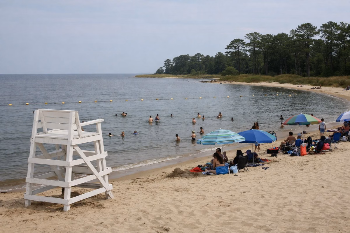 A busy sandy swimming beach with families under umbrellas, swimmers in calm bay water inside a line of buoys, an empty lifeguard stand