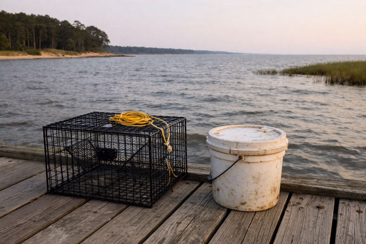 A wire crab trap and a bait bucket on the weathered planks of a wooden fishing pier over brackish water