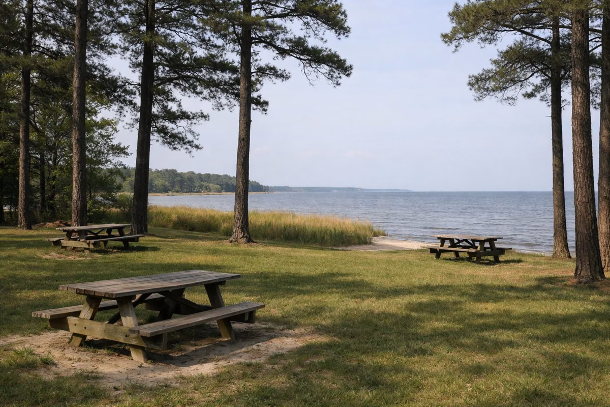 A grassy picnic lawn with picnic tables under tall pines, bay water visible beyond