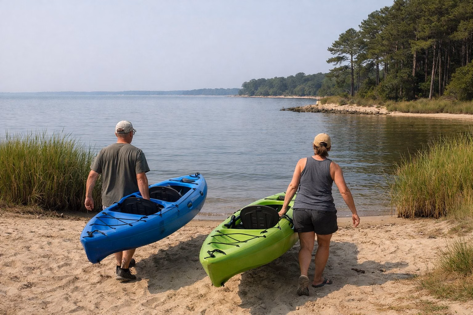 Two people carrying sit-on-top kayaks across a small sandy launch area toward calm bay water, reeds at the edge