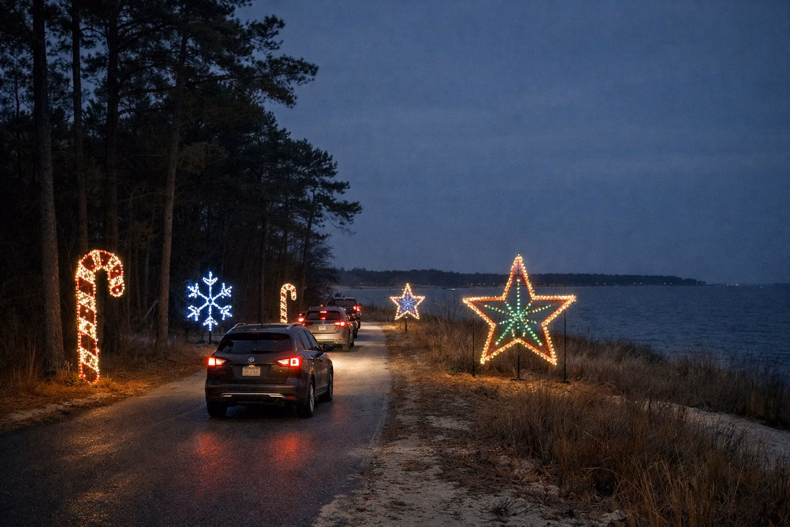 Cars with headlights on driving slowly along a dark park road lined with large colorful holiday light displays shaped like stars, snowflakes and candy canes, water dark beyond