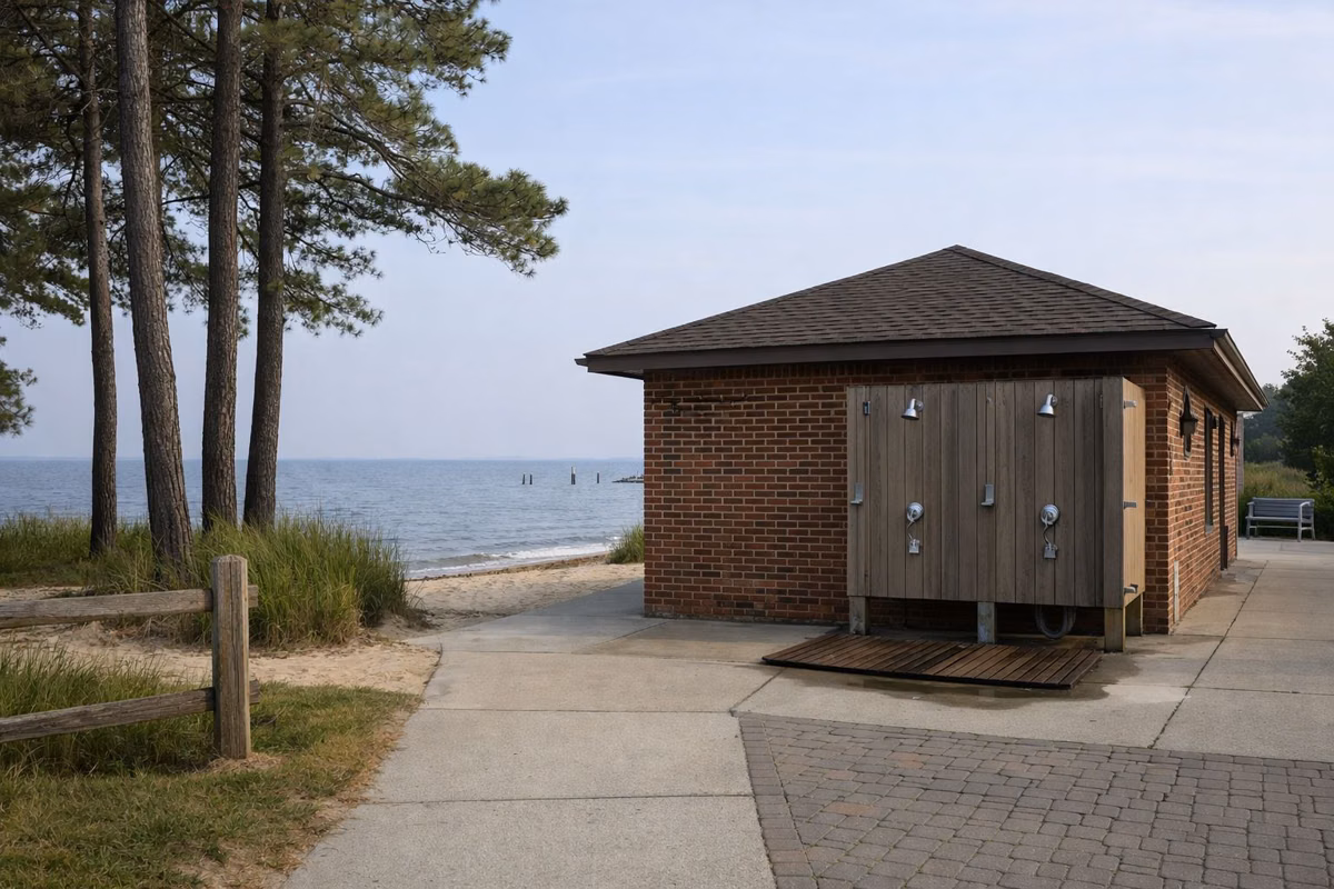 A low brick beach bathhouse building with outdoor showers, pine trees and a paved walkway