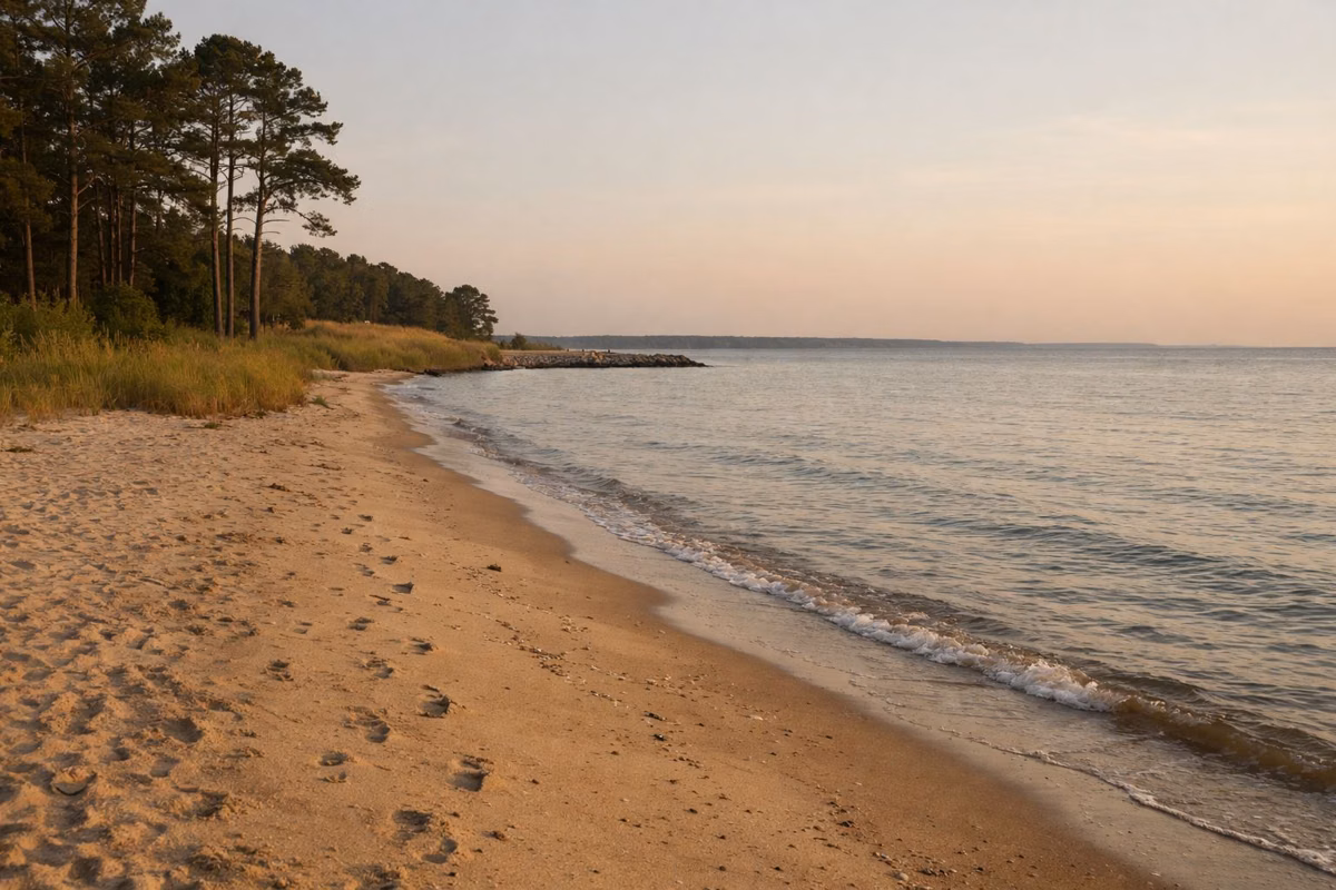 An empty sandy shoreline at golden hour with gentle ripples and a few footprints