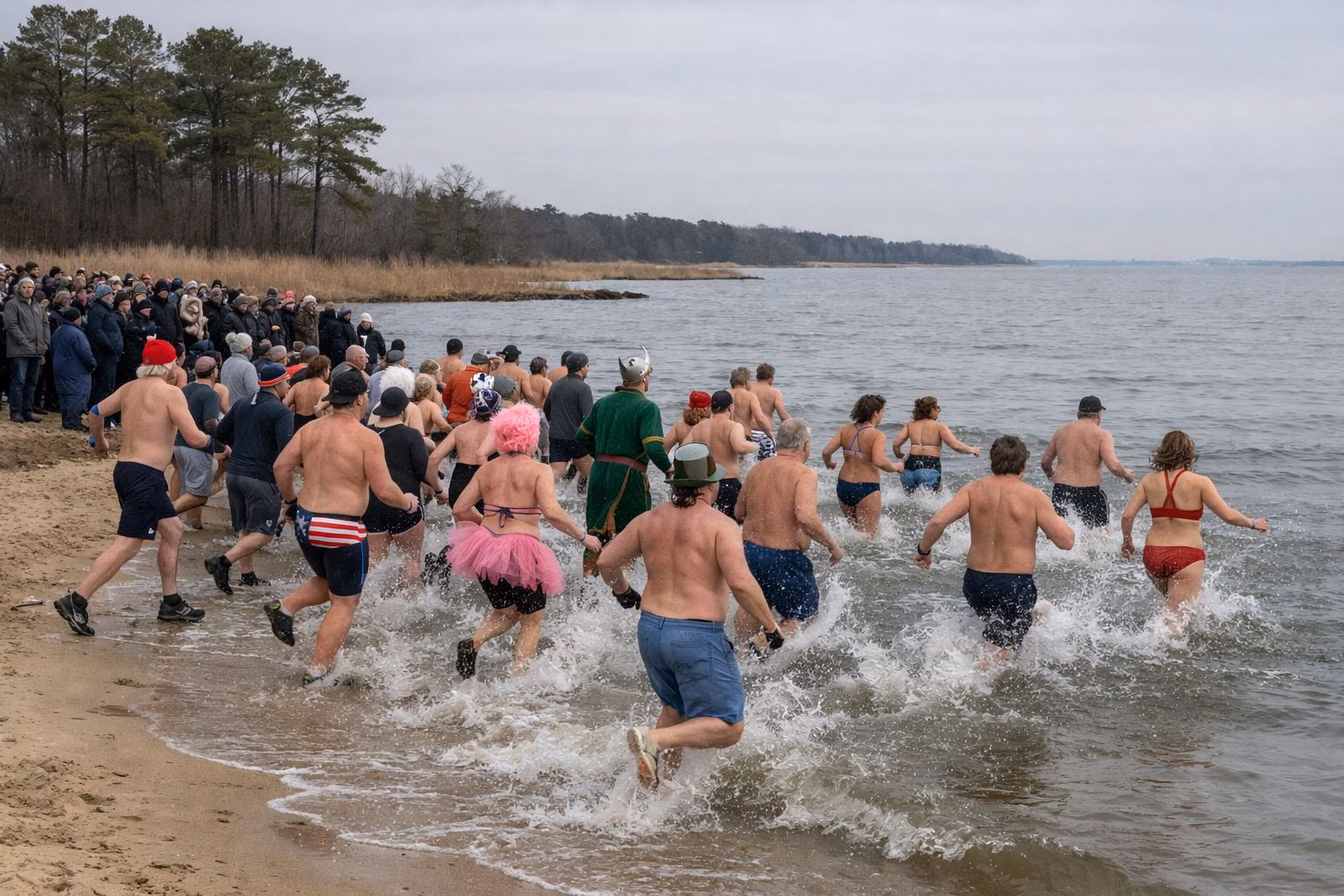 A crowd of people in costumes and swimsuits running from a sandy beach into cold gray bay water, spectators in winter coats behind them