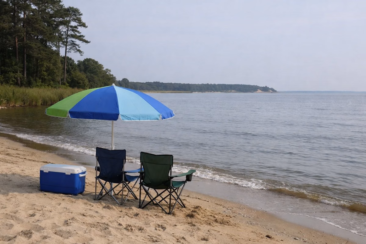 A beach umbrella, cooler and folding chairs set up on sand near the waterline, calm bay water