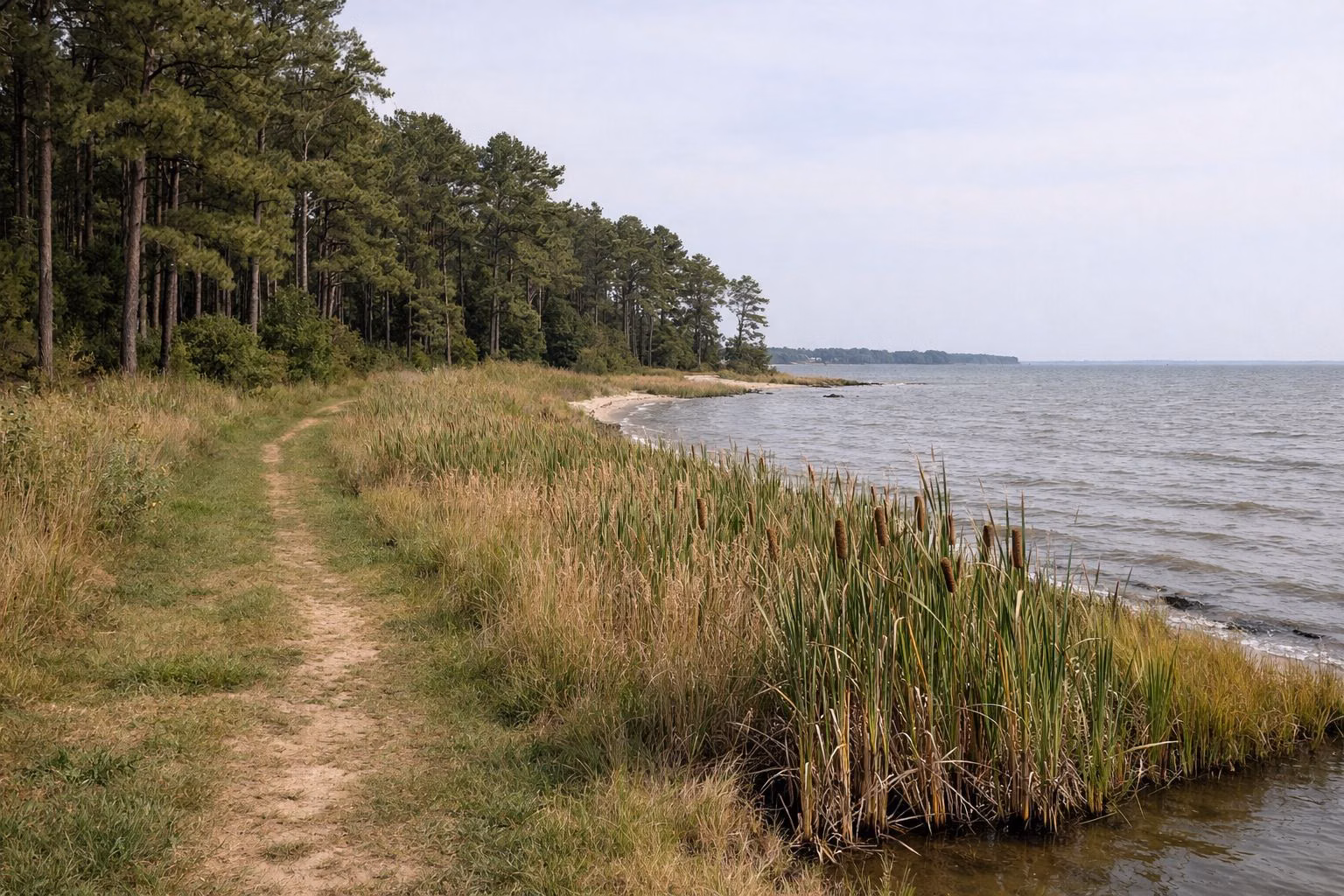 A grassy path along the edge of a brackish marsh with cattails, pine woods behind