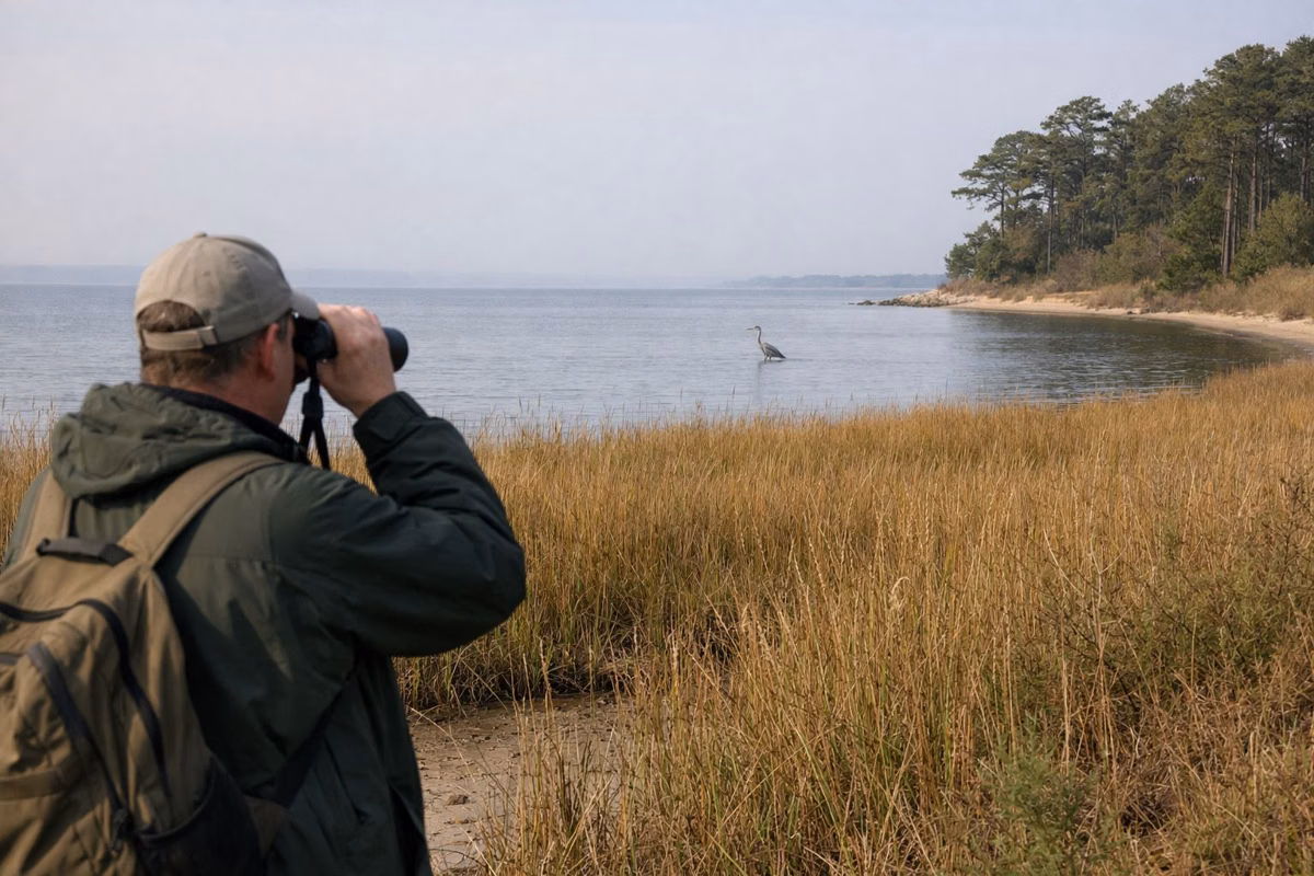 A birder with binoculars standing at the edge of a tidal marsh of tall grasses, a heron in the distance